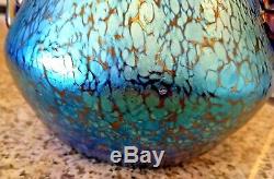 Loetz Signed Czech Bohemian Glass Papillon Iridescent Cobalt Oil Spot Vase 10.5