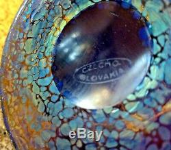 Loetz Signed Czech Bohemian Glass Papillon Iridescent Cobalt Oil Spot Vase 10.5