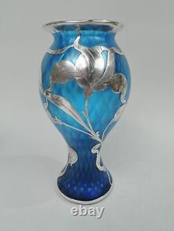 Loetz Vase Antique Art Nouveau Quilted Austrian Azure Blue Glass Silver Overlay