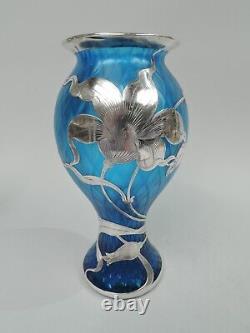 Loetz Vase Antique Art Nouveau Quilted Austrian Azure Blue Glass Silver Overlay