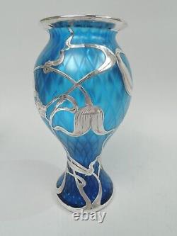 Loetz Vase Antique Art Nouveau Quilted Austrian Azure Blue Glass Silver Overlay