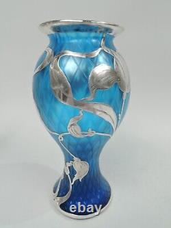 Loetz Vase Antique Art Nouveau Quilted Austrian Azure Blue Glass Silver Overlay