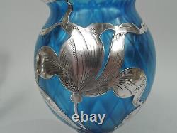 Loetz Vase Antique Art Nouveau Quilted Austrian Azure Blue Glass Silver Overlay