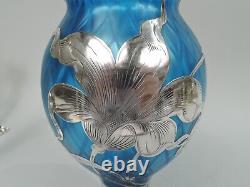 Loetz Vase Antique Art Nouveau Quilted Austrian Azure Blue Glass Silver Overlay