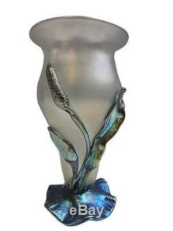Loetz Vase with Applied Iridescent Blue Lily Pad and Bull Rush Floral c1920s