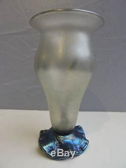 Loetz Vase with Applied Iridescent Blue Lily Pad and Bull Rush Floral c1920s