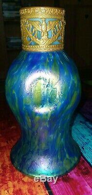 Loetz blue green oil spot iridescent vase with bronze ormolu collar 7