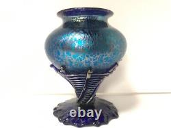 Loetz glass vase Art Nouveau. Spider web application. Blue Papillon Austria