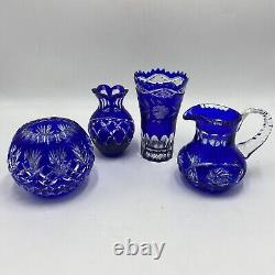 Lot of 4 Cobalt Blue Cut to Clear Crystal Glass Rose Bowl Vase Pitcher