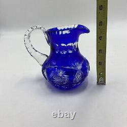 Lot of 4 Cobalt Blue Cut to Clear Crystal Glass Rose Bowl Vase Pitcher