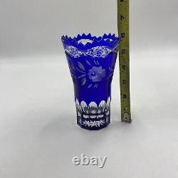 Lot of 4 Cobalt Blue Cut to Clear Crystal Glass Rose Bowl Vase Pitcher