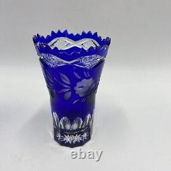 Lot of 4 Cobalt Blue Cut to Clear Crystal Glass Rose Bowl Vase Pitcher