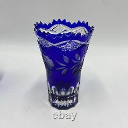 Lot of 4 Cobalt Blue Cut to Clear Crystal Glass Rose Bowl Vase Pitcher