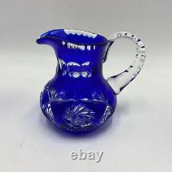 Lot of 4 Cobalt Blue Cut to Clear Crystal Glass Rose Bowl Vase Pitcher