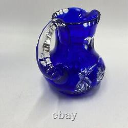 Lot of 4 Cobalt Blue Cut to Clear Crystal Glass Rose Bowl Vase Pitcher