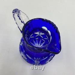 Lot of 4 Cobalt Blue Cut to Clear Crystal Glass Rose Bowl Vase Pitcher