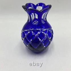 Lot of 4 Cobalt Blue Cut to Clear Crystal Glass Rose Bowl Vase Pitcher