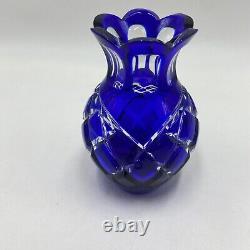 Lot of 4 Cobalt Blue Cut to Clear Crystal Glass Rose Bowl Vase Pitcher