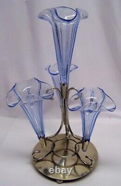 Lovely Art Deco Style Light Blue Glass Epergne Vase With Nickel Silver Base/Hold