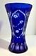 Lovely Deep Cobalt Blue Glass Cut to Clear Vase Ribbed Flowers Wheat 11 x 6.5