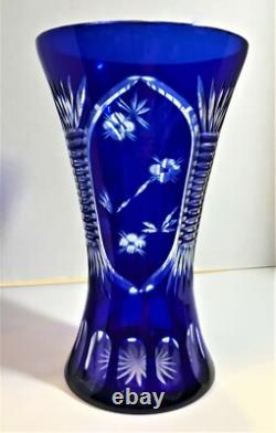 Lovely Deep Cobalt Blue Glass Cut to Clear Vase Ribbed Flowers Wheat 11 x 6.5