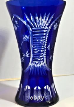 Lovely Deep Cobalt Blue Glass Cut to Clear Vase Ribbed Flowers Wheat 11 x 6.5