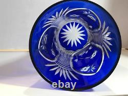 Lovely Deep Cobalt Blue Glass Cut to Clear Vase Ribbed Flowers Wheat 11 x 6.5