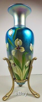 Lovely Fenton Glass Blue Favrene Favrille 13 Vase Hand Painted, Signed T Neader
