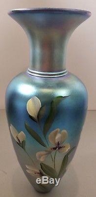 Lovely Fenton Glass Blue Favrene Favrille 13 Vase Hand Painted, Signed T Neader