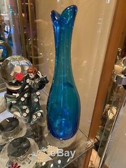 Lovely Vintage Blenko Glass Vase Sapphire Blue 11 Tall Foil Sticker Fish Lips