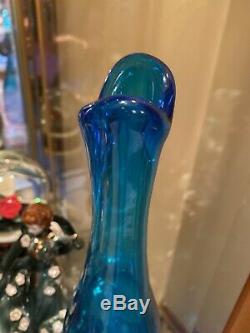 Lovely Vintage Blenko Glass Vase Sapphire Blue 11 Tall Foil Sticker Fish Lips