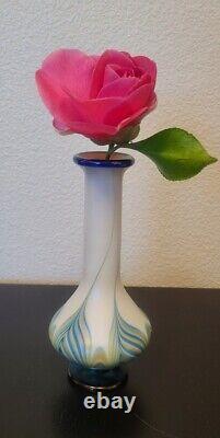Lundberg Glass Studios Art Glass Vase 6 1/4 Green / White / Blue
