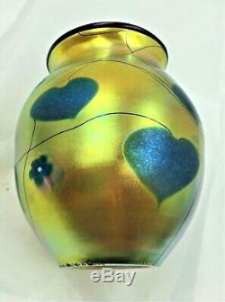 Lundberg Studio Hearts & Vines Art Glass Vase- Blue Hearts On Gold-signed 1981