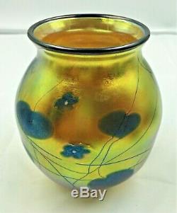 Lundberg Studio Hearts & Vines Art Glass Vase- Blue Hearts On Gold-signed 1981