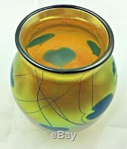 Lundberg Studio Hearts & Vines Art Glass Vase- Blue Hearts On Gold-signed 1981