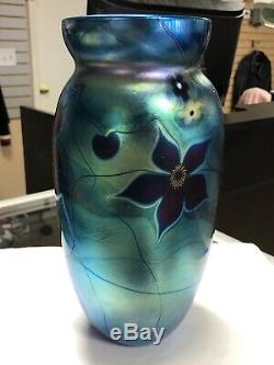 Lundberg Studios 1981 Blue Flower Glass Vase 10.5