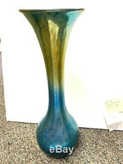 Lundberg Studios Art Glass Tall Neck Blue/Gold Gourd Vase 10 1/2 #8