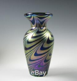 Lundberg Studios Art Glass Vase Blue Gold Iridescent