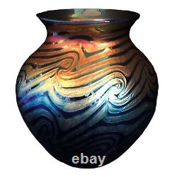 Lundberg Studios Art Glass Vase Iridescent Blue and Purple Wave Design