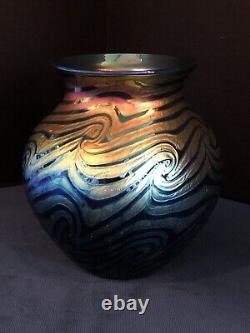 Lundberg Studios Art Glass Vase Iridescent Blue and Purple Wave Design