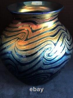 Lundberg Studios Art Glass Vase Iridescent Blue and Purple Wave Design