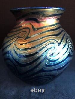 Lundberg Studios Art Glass Vase Iridescent Blue and Purple Wave Design