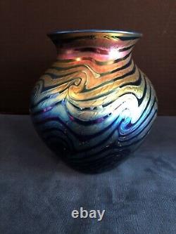 Lundberg Studios Art Glass Vase Iridescent Blue and Purple Wave Design