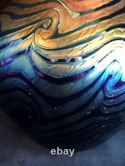 Lundberg Studios Art Glass Vase Iridescent Blue and Purple Wave Design