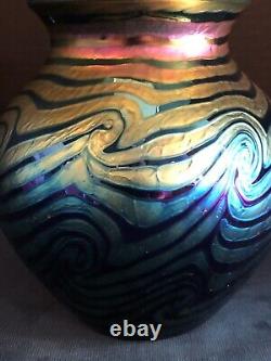 Lundberg Studios Art Glass Vase Iridescent Blue and Purple Wave Design