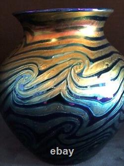 Lundberg Studios Art Glass Vase Iridescent Blue and Purple Wave Design