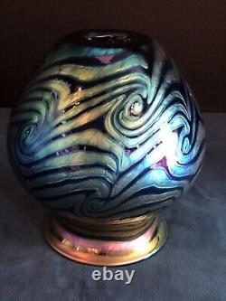 Lundberg Studios Art Glass Vase Iridescent Blue and Purple Wave Design