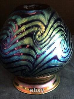 Lundberg Studios Art Glass Vase Iridescent Blue and Purple Wave Design