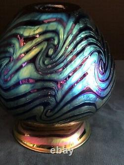 Lundberg Studios Art Glass Vase Iridescent Blue and Purple Wave Design