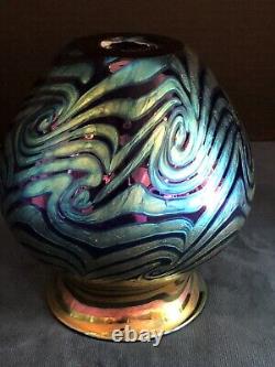 Lundberg Studios Art Glass Vase Iridescent Blue and Purple Wave Design